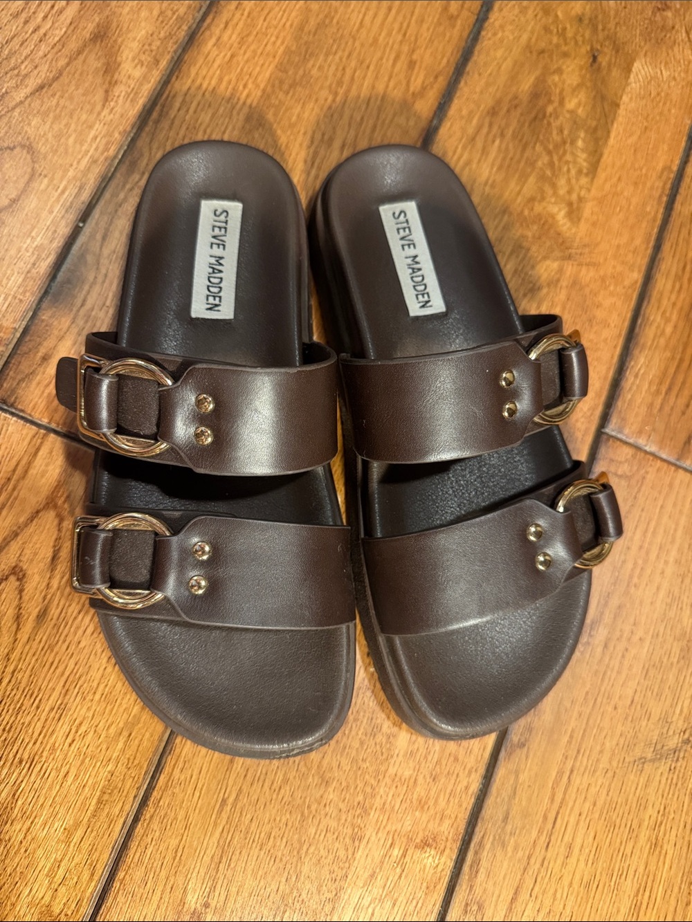 Steve Madden Dark Brown Double Strap Slide Sandals with Gold Buckles sz. 6.5